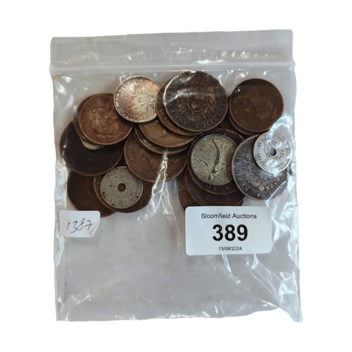 389 - BAG OF COINS 1854 - 1949 TO INCLUDE SOME WHICH ARE SILVER (SOUTH AFRICA/INDIA/ARGENTINA/FRANCE/IRELA... 