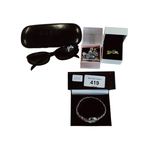 419 - LADIES ACCURIST WRIST WATCH, PANDORA RING AND CHARMS AND PAIR OF GUCCI SUNGLASSES