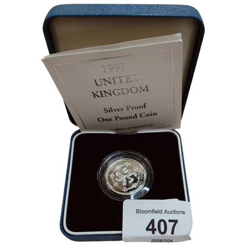 407 - 1999 UK SILVER PROOF ONE POUND COIN IN BOX WITH CERTIFICATE