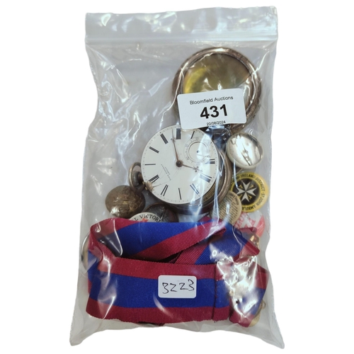 431 - BAG OF BADGES, WATCH MOVEMENTS ETC