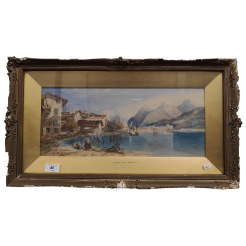 56 - T.L.ROWBOTHAM RWSRI WATERCOLOUR CONTINENTAL LAKE SCENE 44 X19CM