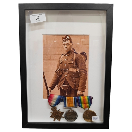 57 - SET OF 3 FRAMED WORLD WAR I MEDALS (14285 PTE A Steel High L.I. )