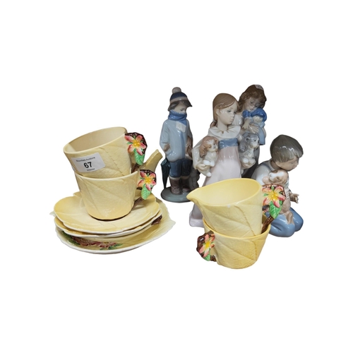 67 - SHELF LOT OF LLADRO, NAO AND CARLTONWARE