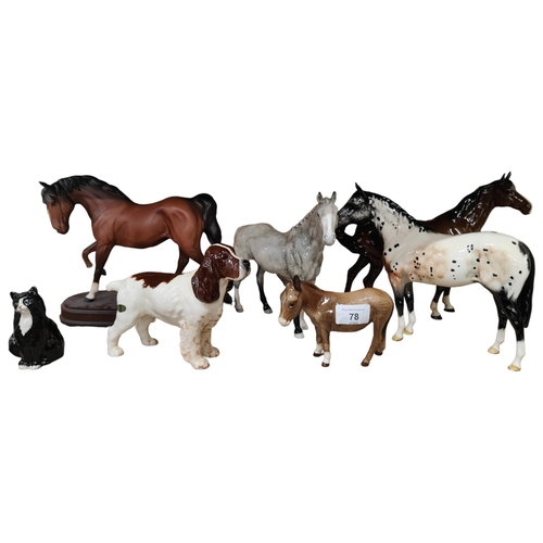 78 - 4 ROYAL DOULTON HORSE FIGURES, BESWICK DOG AND DONKEY AND ROYAL DOULTON CAT