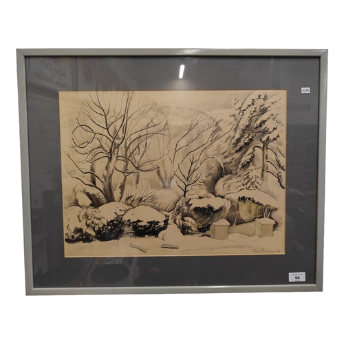 96 - E REANEY PEN & INK DRAWING WINTERSCAPE 50 X 37CM