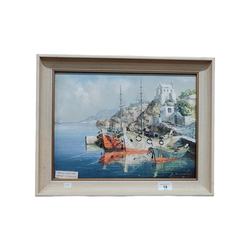 18 - J CAVOLY - OIL ON CANVAS - CONTINENTAL HARBOUR SCENE 29 X 29CM