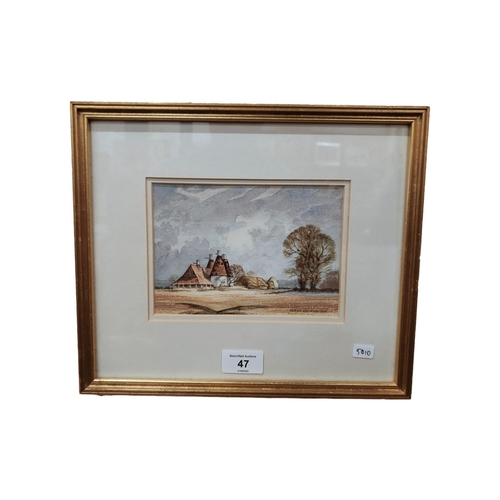 47 - DEREK BUCKINGHAM WATERCOLOUR - OAST HOUSE NEAR CHIDDINGSTONE, KENT  17 X 12CM