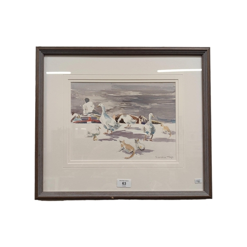 63 - SANDRA MAZE WATERCOLOUR HARBOUR GEESE II  29 X 22CM