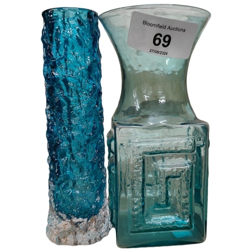 69 - 2 MID CENTURY BLUE GLASS VASES