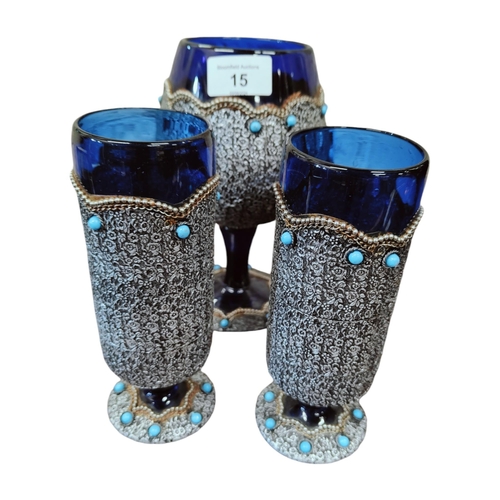 15 - 3 BLUE ENCRUSTED GOBLETS