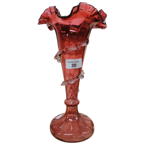 30 - LARGE ANTIQUE RUBY GLASS FRILLED VASE