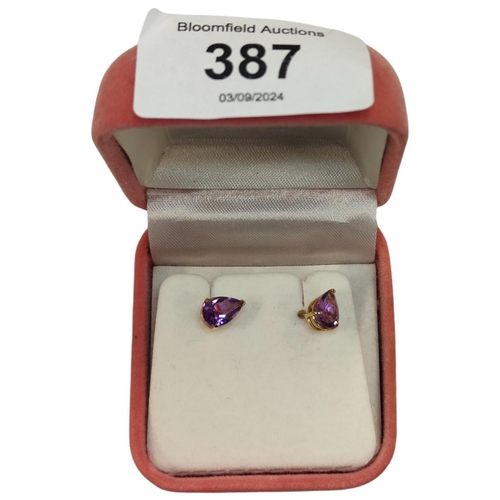 387 - PAIR OF 14 CARAT GOLD AMETHYST TEAR DROP EARRINGS