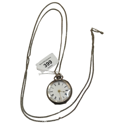 399 - ANTIQUE SILVER POCKET WATCH WITH WHITE METAL GUARD CHAIN