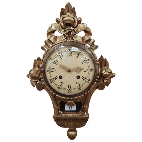 51 - EDWARDIAN GILT CARTEL CLOCK - WORKING - KEY, BELL & PENDULUM