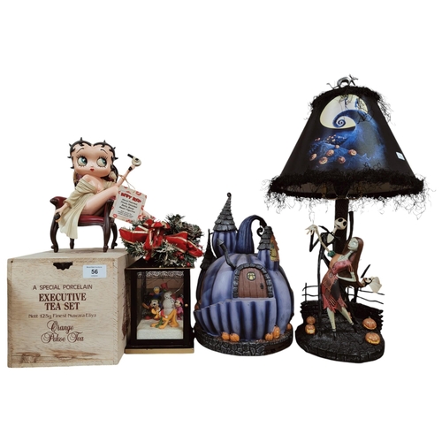 56 - SHELF LOT TO INCLUDE BETTY BOOP FIGURE, DISNEY LANTERN, THE NIGHTMARE BEFORE CHRISTMAS LAMP ETC