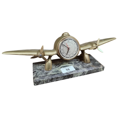 58 - VINTAGE SARAPRILLA BRASS AEROPLANE DESK CLOCK ON MARBLE BASE