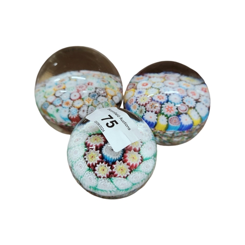 75 - 3 GRADUATED VINTAGE MILLEFIORI PAPERWEIGHTS