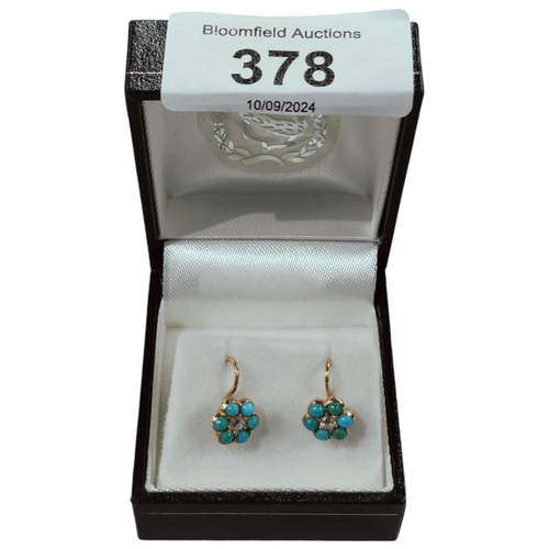 378 - PAIR OF ANTIQUE GOLD, TURQUOISE & ROSE CUT DIAMOND EARRINGS