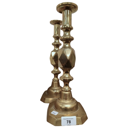 78 - PAIR OF KING OF DIAMONDS BRASS CANDLESTICKS - 31cm