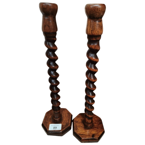 89 - PAIR OF ANTIQUE WOODEN BARLEY TWIST CANDLESTICKS - 36cm