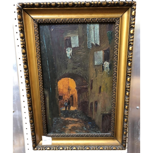 188 - French Oil On Board of an Alley Scene