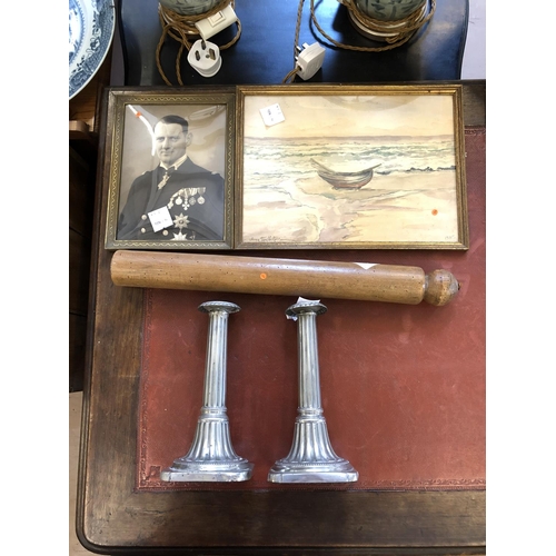 295 - Pair of Candlesticks, Rolling Pin etc