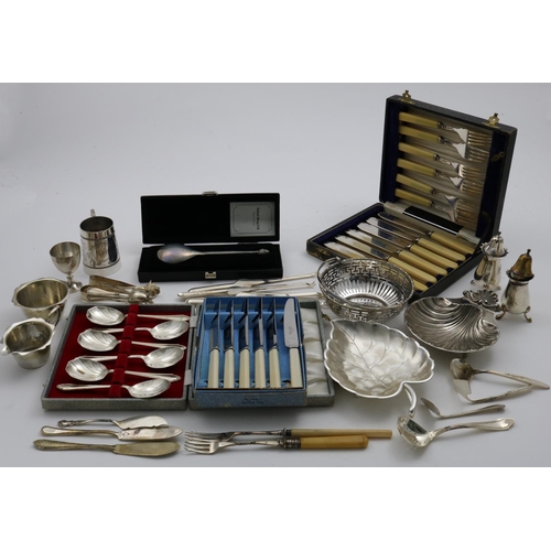 87 - Silver Platedware including; Cased Spoons, Norwegian Pewter Spoon and Other Plated Items