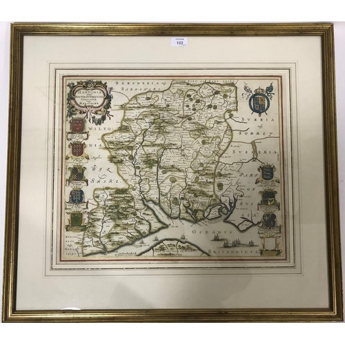 102 - Blaeu, Willem. Hantonia, sive Southamptonensis comitatus Vulgo Hantshire, hand-coloured engraved map... 