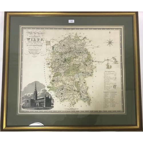 117 - Greenwood, Charles and James. Map of the County of Wilts., hand-coloured engraved map, 674mm x 560mm... 