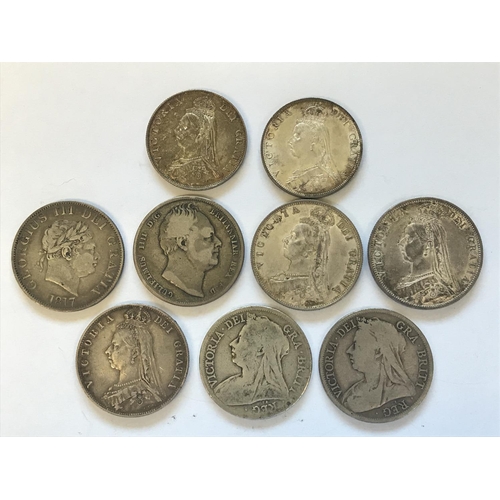 1092 - A COLLECTION OF HALFCROWNS GEORGE III AND LATER AND TWO VICTORIAN FLORINS. Halfcrowns for 1817, 1836... 