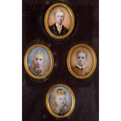 221 - English School c. 1880 A Group of Four Miniature Portraits, children of Alfred Price Moulton-Barrett... 