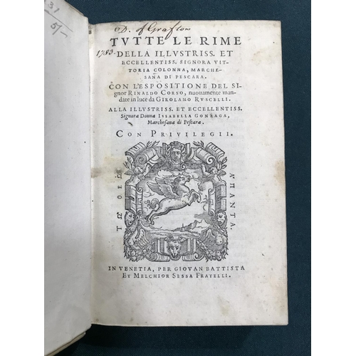 255 - Colonna, Vittoria. Tutte le rime della illustriss. et eccellentiss..., wood-engraved title vignette,... 