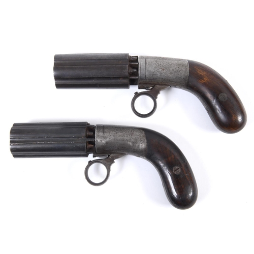 415 - A NEAR PAIR OF PEPPER BOX REVOLVERS. Two very similar Pepper Box revolvers with six shot revolving b... 