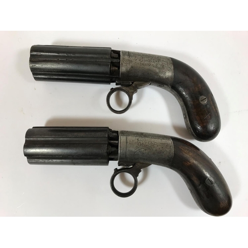 415 - A NEAR PAIR OF PEPPER BOX REVOLVERS. Two very similar Pepper Box revolvers with six shot revolving b... 