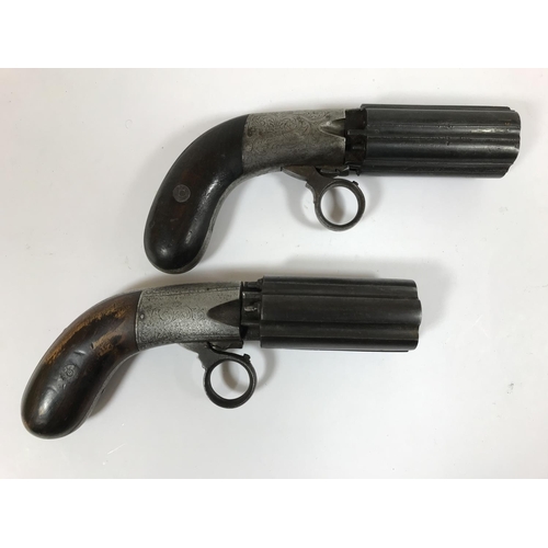 415 - A NEAR PAIR OF PEPPER BOX REVOLVERS. Two very similar Pepper Box revolvers with six shot revolving b... 