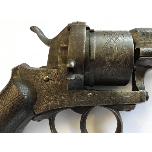 418 - A CONTINENTAL PIN FIRE REVOLVER. With a 9.5cm barrel with decoratively engraved six shot chamber, pi... 