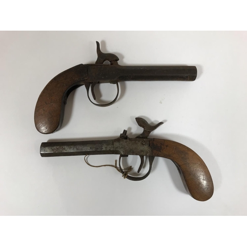 431 - TWO PAIRS OF POCKET PISTOLS. A pair of percussion cap pocket pistols with octagonal screw off barrel... 