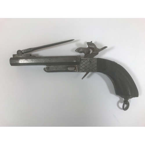 462 - A BELGIAN PIN FIRE DOUBLE BARREL PISTOL. A double barrel pistol with concealed triggers and sprung b... 