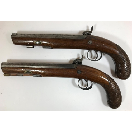 473 - A PAIR OF PERCUSSION CAP PISTOLS BY OXBORROW OF WOODBRIDGE. A pair of percussion cap back action tra... 