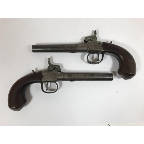 474 - A PAIR OF PERCUSSION CAP PISTOLS BY P.BOND. A pair of percussion cap box lock pocket pistols with ro... 