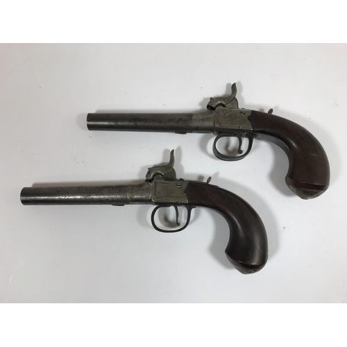 474 - A PAIR OF PERCUSSION CAP PISTOLS BY P.BOND. A pair of percussion cap box lock pocket pistols with ro... 