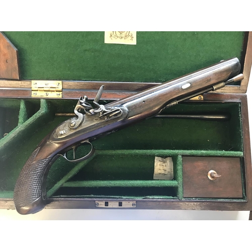 478 - A REPRODUCTION FLINTLOCK PISTOL MARKED 'J. HART'. A reproduction flintlock dueling pistol with a 24.... 