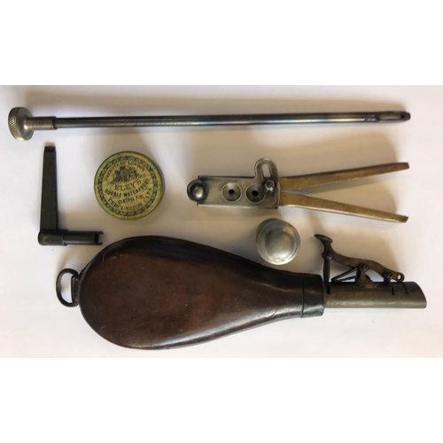 494 - A REPRODUCTION GUN BOX AND ACCESSORIES. A reproduction gun box containing a small collection of acce... 