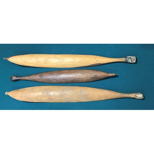 522 - THREE ABORIGINAL WOOMERA. Three Aboriginal Woomera spear throwers, all with fibre bound points, two ... 