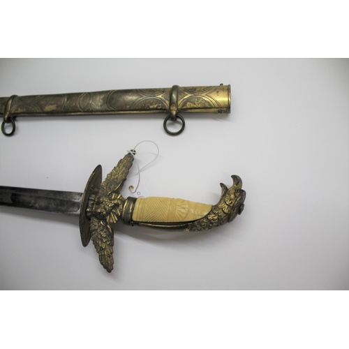 547 - 19THC SOCIETY SWORD & SCABBARD probably American, with a gilt brass and ivory hilt, with Eagle head ... 