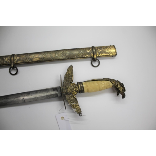 547 - 19THC SOCIETY SWORD & SCABBARD probably American, with a gilt brass and ivory hilt, with Eagle head ... 