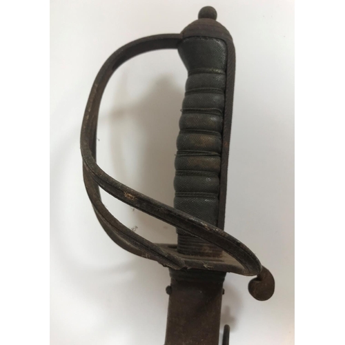 558 - A CAVALRY OFFICERS SWORD AND SCABBARD. The sword with 3 bar handle, stepped pomel and rounded nut, t... 