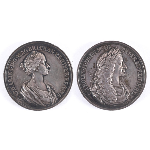 884 - A SILVER MEDAL COMMEMORATING THE MARRIAGE OF CHARLES II. Obv. Charles II Laureate Bust, R. within 