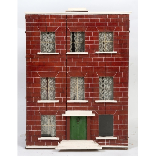 1473 - VICTORIAN DOLLS HOUSE a 3 storey pine house with painted brick facade, and glazed windows with netti... 