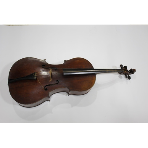 1555 - ANTIQUE CELLO probably 19thc, with a 2 piece back and rosewood tuning pegs. Bears a label inside, Pe... 